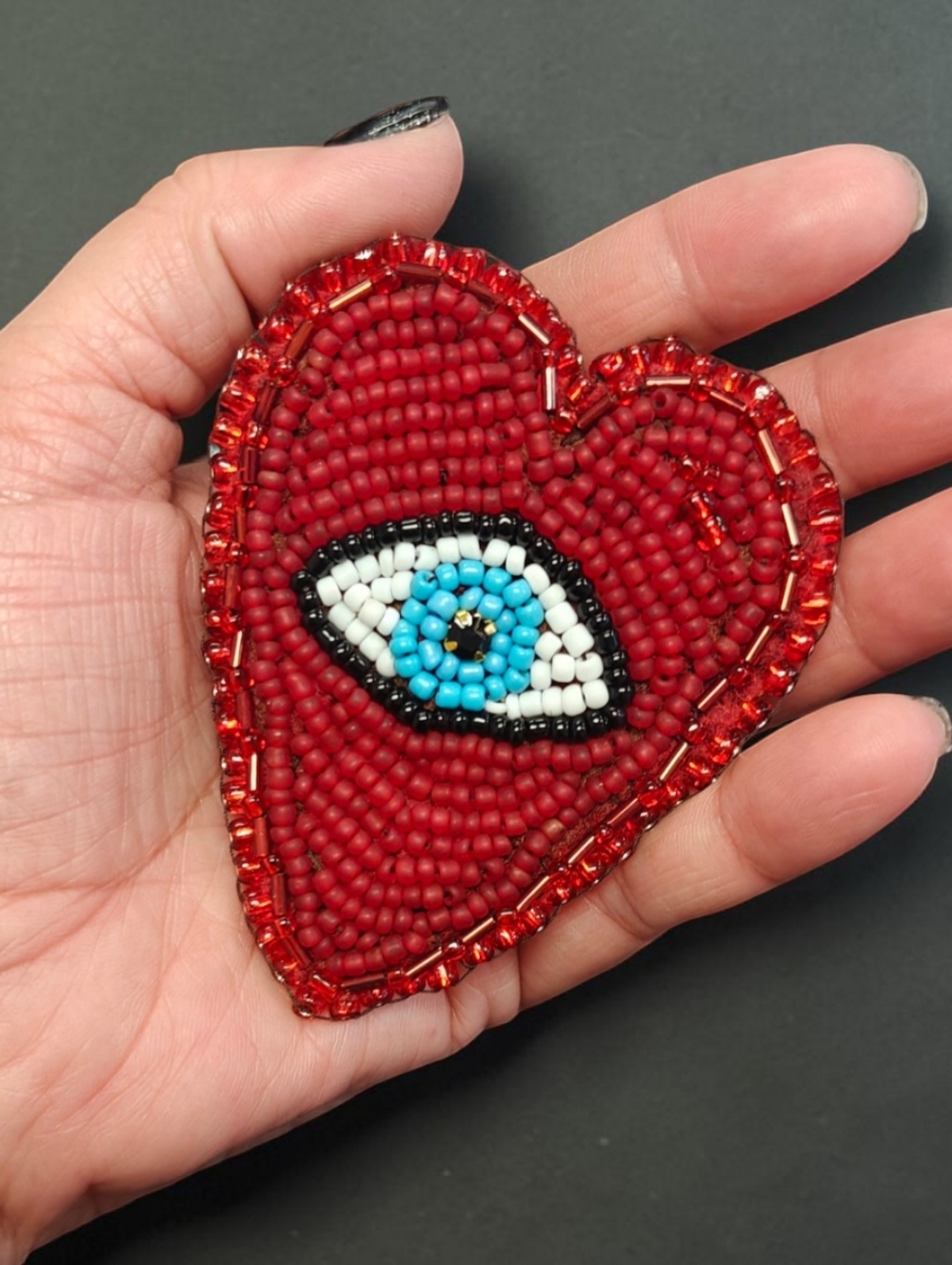 Designer's Murka Handmade Hand-Beaded Red Heart Brooch with Blue Evil Eye Accent